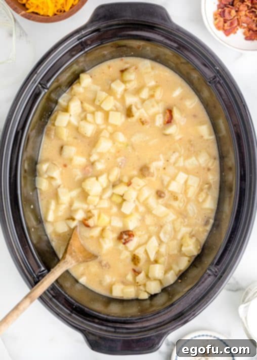 Effortless Slow Cooker Potato Soup with Frozen Potatoes 16 ingredients mixed together in the slow cooker.