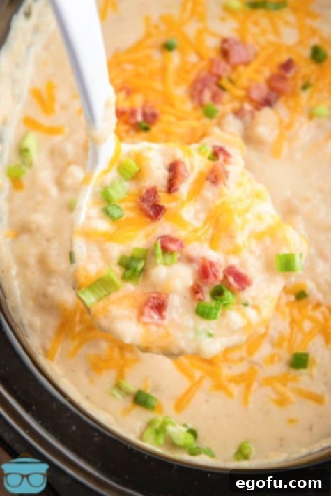 Effortless Slow Cooker Potato Soup with Frozen Potatoes 20 a large ladle of potato soup with cheese and bacon being held over a slow cooker full of potato soup.