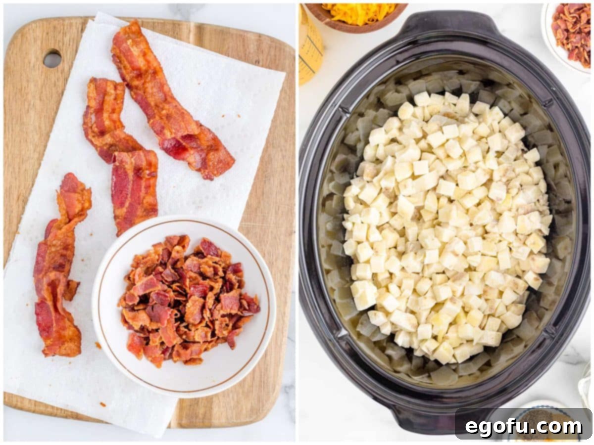 Effortless Slow Cooker Potato Soup with Frozen Potatoes 6 A two-part image showing crispy cooked bacon on paper towels and then crumbled in a bowl, alongside frozen hash brown cubes filling the bottom of an oval slow cooker.