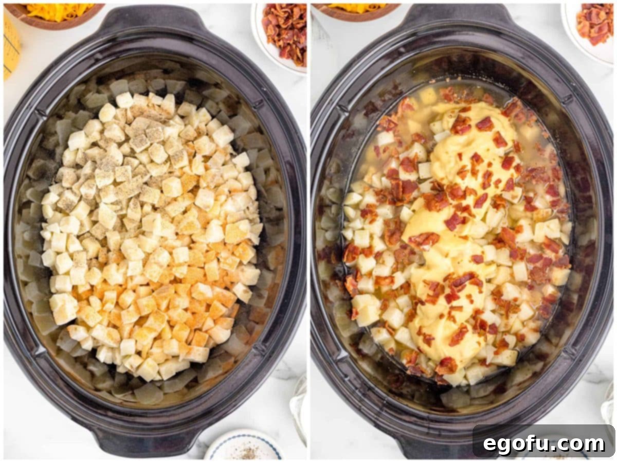 Effortless Slow Cooker Potato Soup with Frozen Potatoes 7 A two-part image illustrating the seasoning process: spices being sprinkled over frozen hash browns in the slow cooker, followed by chicken broth and cream of chicken soup being poured over them.