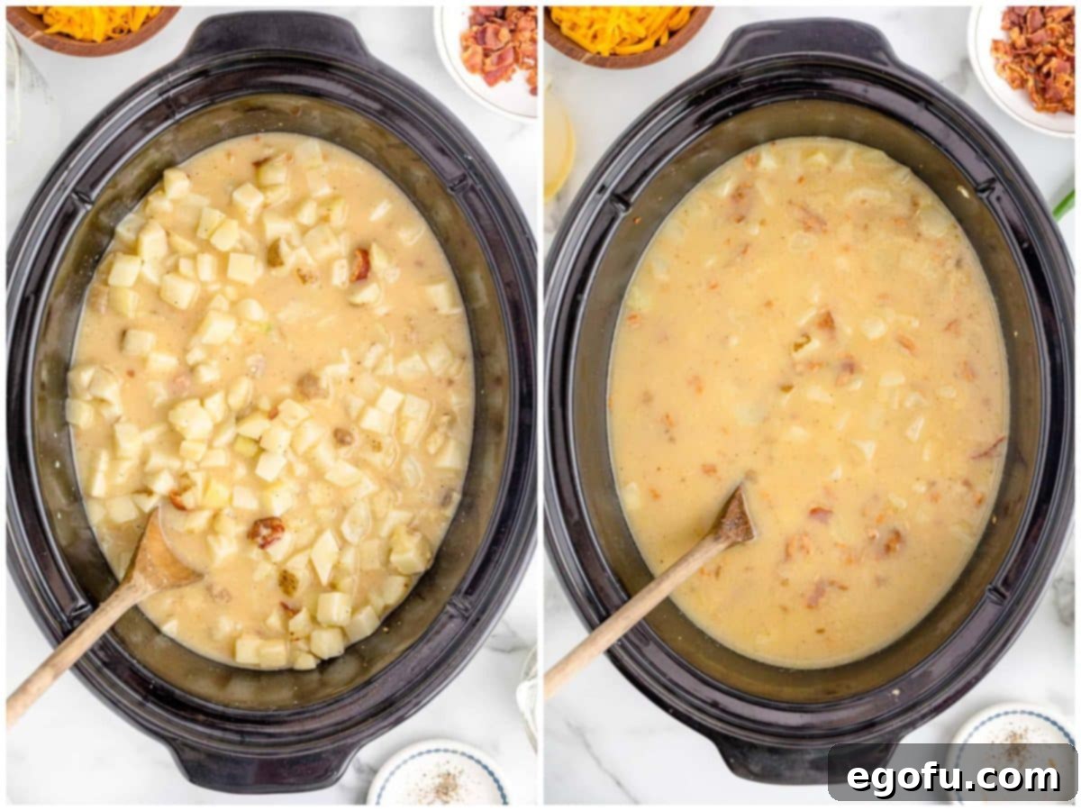 Effortless Slow Cooker Potato Soup with Frozen Potatoes 8 A two-part image showing the mixed soup ingredients in a slow cooker before cooking, and then the perfectly cooked, tender potato soup after several hours, ready for the next step.