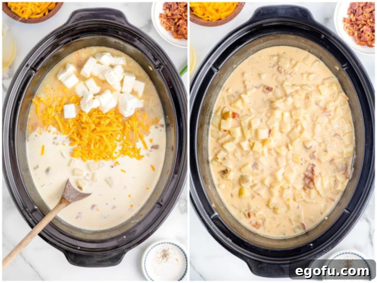 Effortless Slow Cooker Potato Soup with Frozen Potatoes 9 A two-part image showing cream cheese and shredded cheddar cheese being added to the cooked potato soup in the slow cooker, followed by the melted, creamy mixture after stirring.