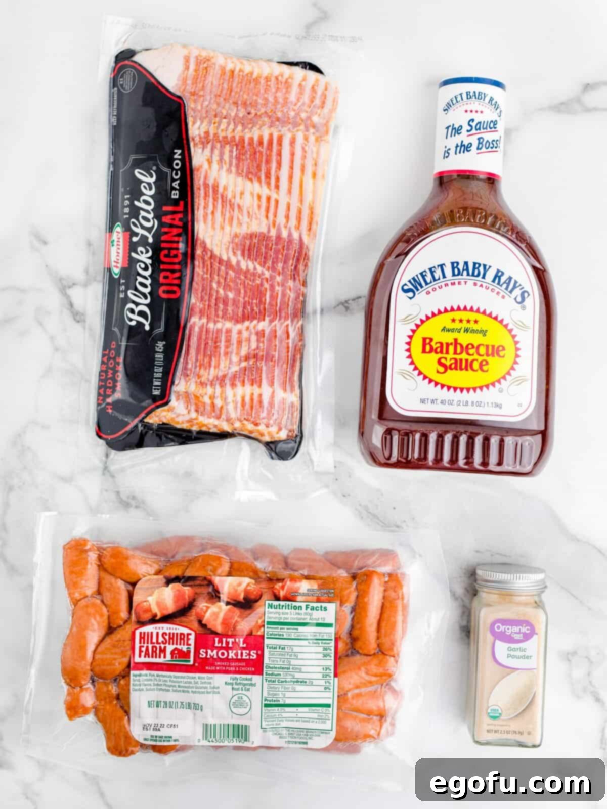 little smokies sausages, bacon, barbecue sauce and garlic powder.