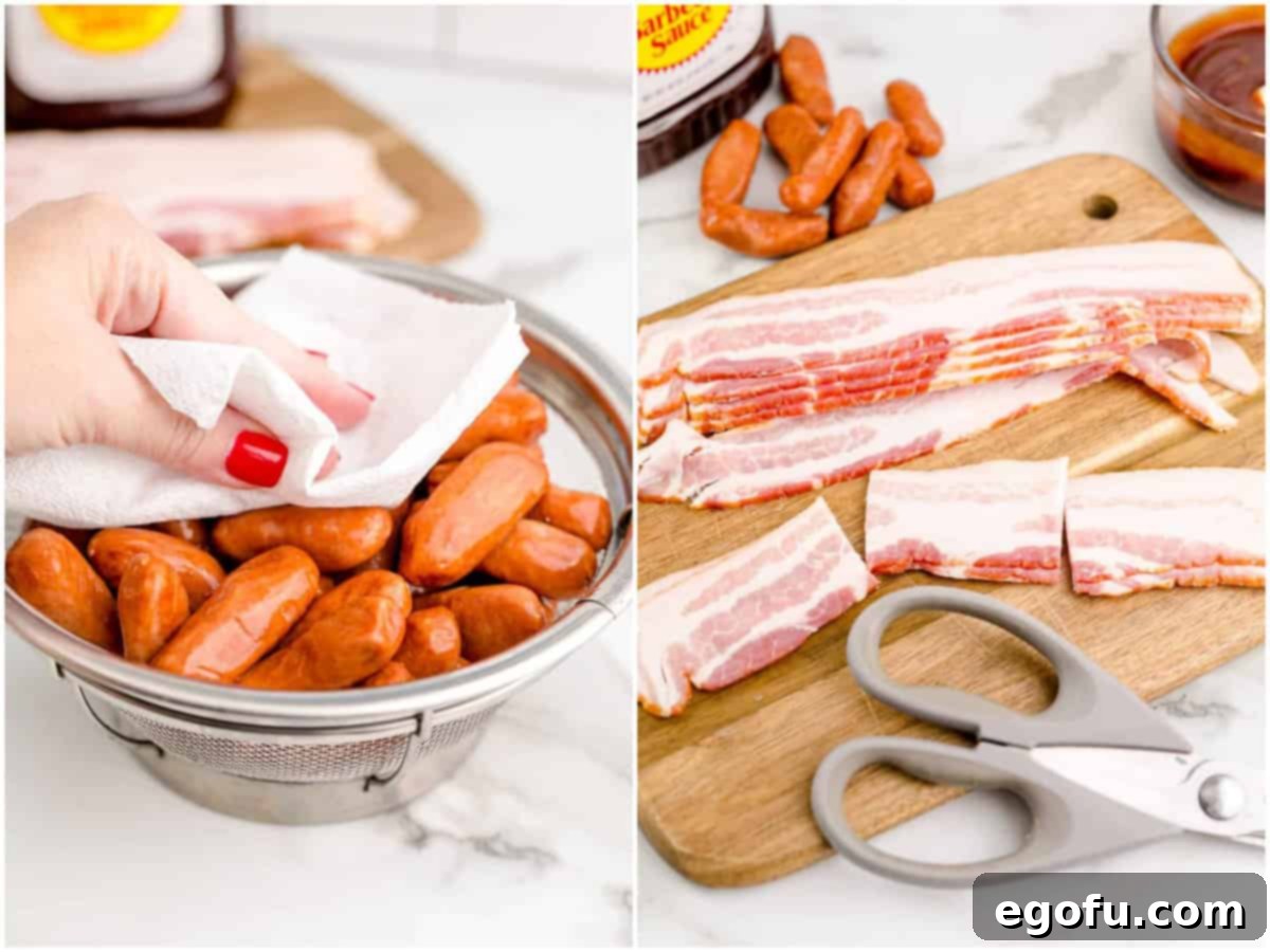collage of two photos: patting cocktail sausages dry with a paper towel; bacon shown cut into three pieces on a cutting board with kitchen scissors.