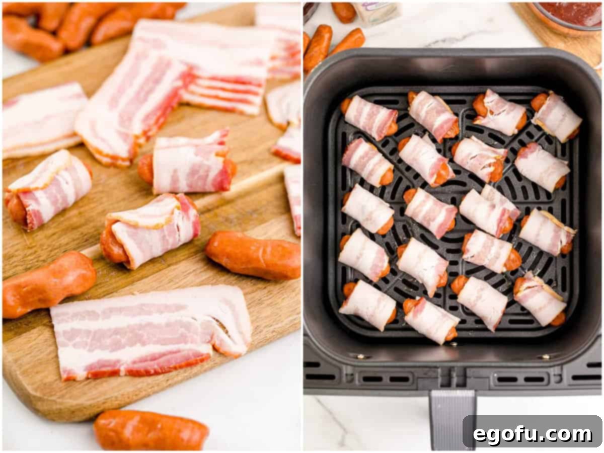 collage of two photos: cocktail sausage shown being wrapped with a cut piece of bacon; bacon wrapped sausages shown lined up in an air fryer basket.