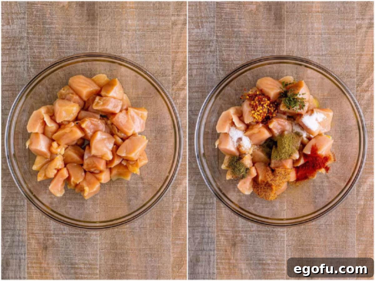 A clear visual collage demonstrating the initial steps of preparing Air Fryer Chicken Bites: the first image shows uniformly cut chicken breasts in a clear glass bowl, ready for seasoning; the second image captures the moment seasonings are generously added to the chicken in the bowl, creating a colorful mix.
