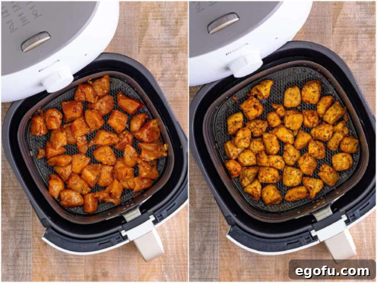 A two-part image showing the progression of Air Fryer Chicken Bites: the top image displays seasoned chicken pieces arranged in a single layer within an air fryer basket, pre-cooking; the bottom image reveals the same chicken bites, now fully cooked and golden brown, glistening with flavor inside the air fryer.