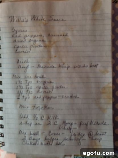 A handwritten recipe card for Virginia White Sauce, detailing the original ingredients and instructions.