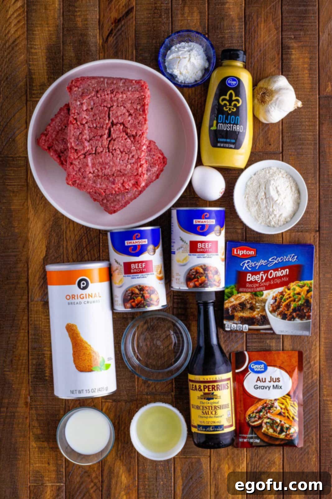 ground beef, egg, plain breadcrumbs, beefy onion soup mix, milk, Worcestershire sauce, flour, beef broth, au jus gravy mix, garlic, dijon mustard, water, cornstarch.