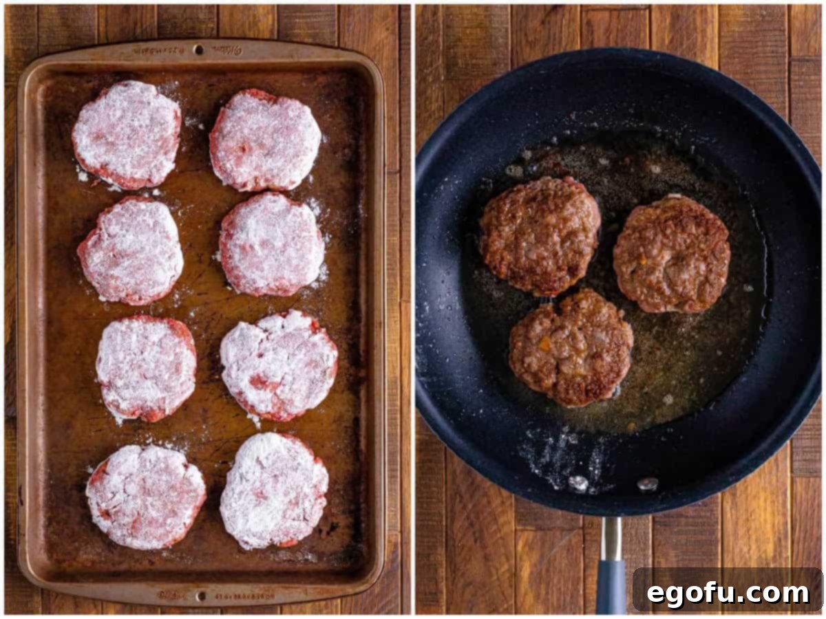 collage of two photos: flour covered beef patties on a baking sheet; browning beef patties in a skillet. 