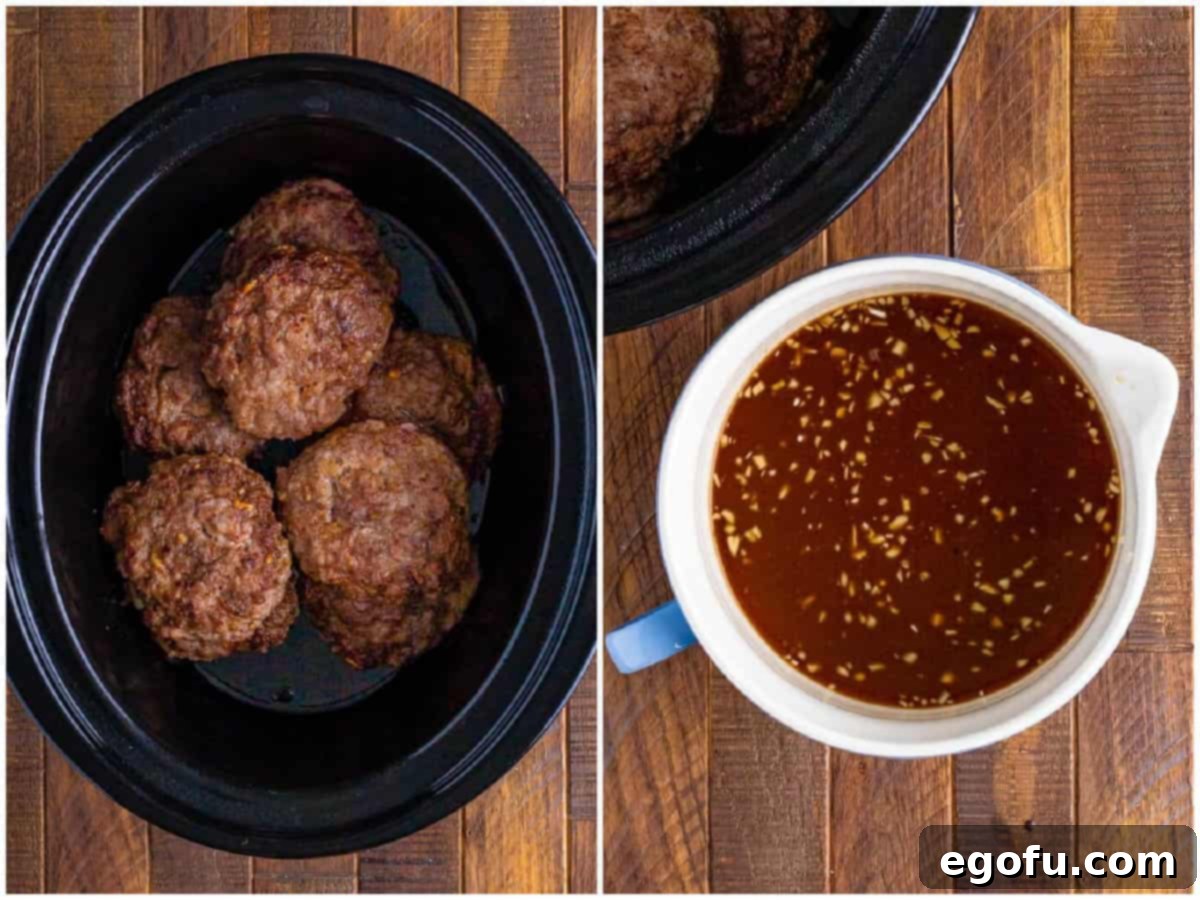 collage of two photos: beef patties in a slow cooker;  beef broth, au jus, gravy mix, garlic, Worcestershire sauce and dijon mustard mixed together in a bowl. 