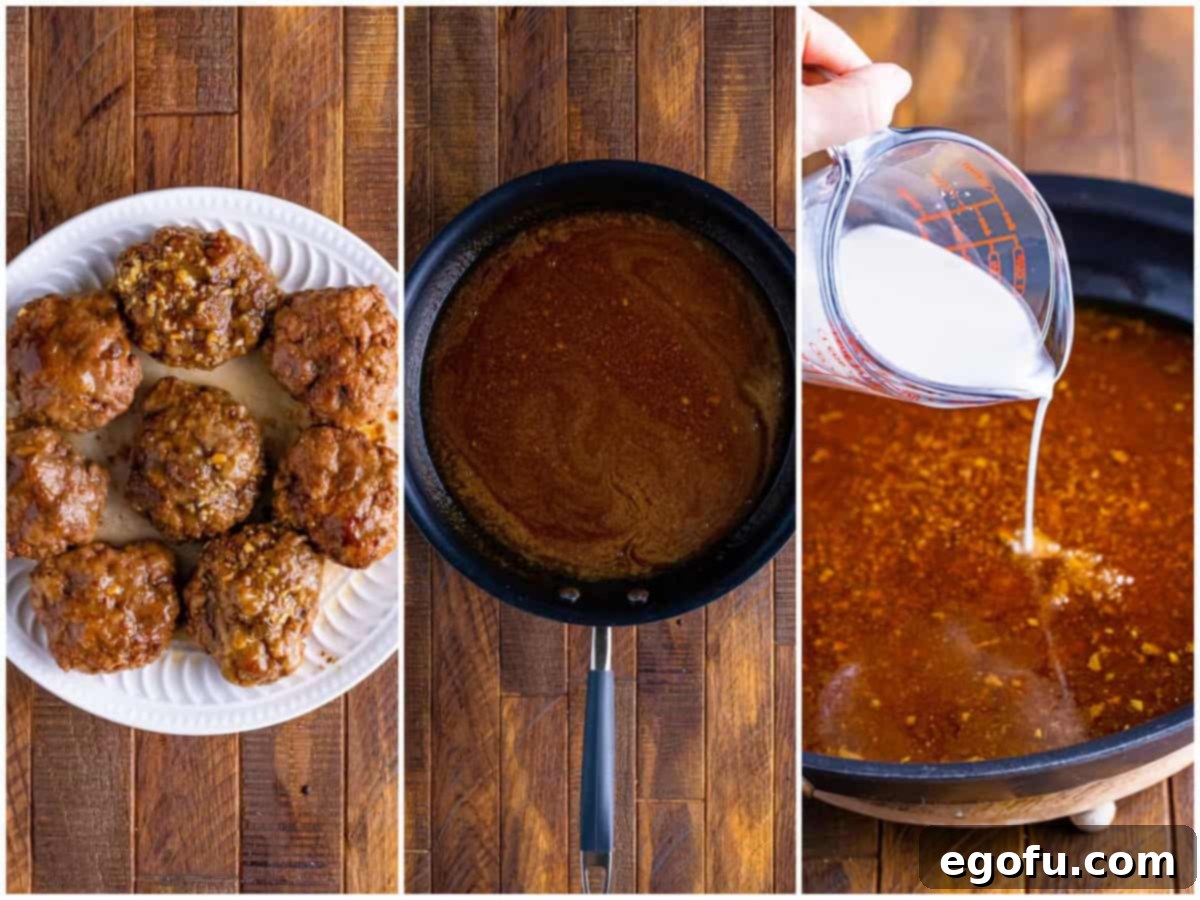 collage of three photos: cooked patties on a white plate; gravy in a skillet; cornstarch slurry being poured into the skillet. 