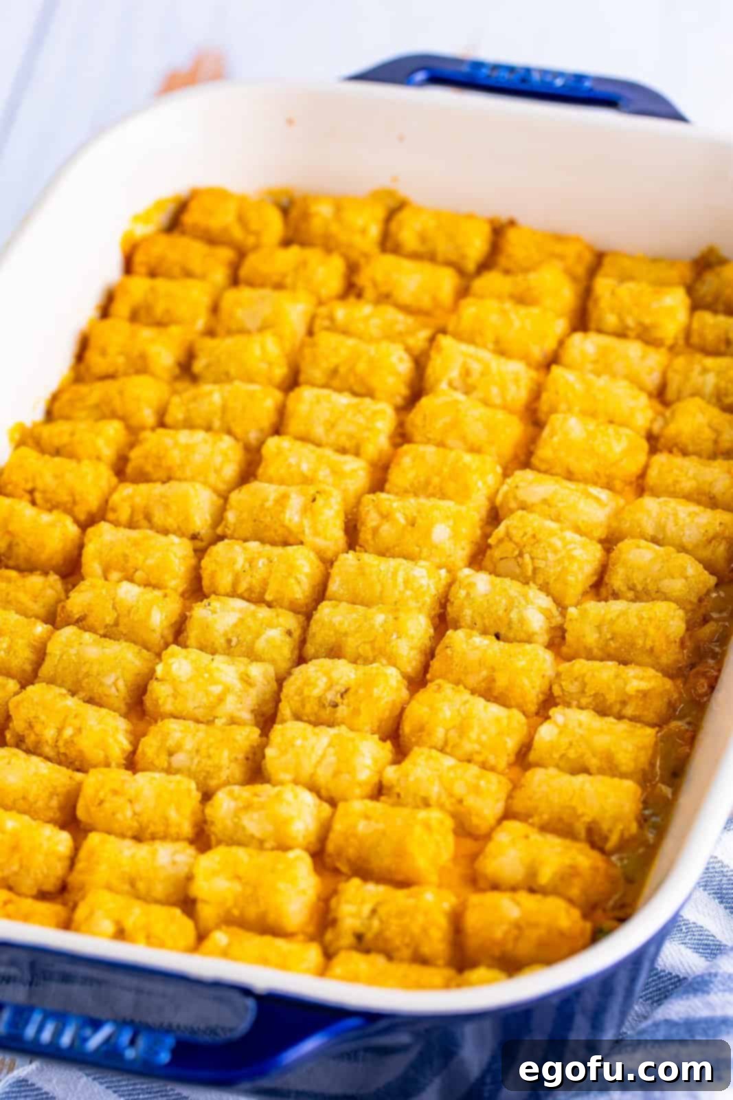 A baking dish with a casserole under a layer of tater tots.