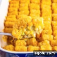 A utensil holding a serving of Tater Tot Casserole.