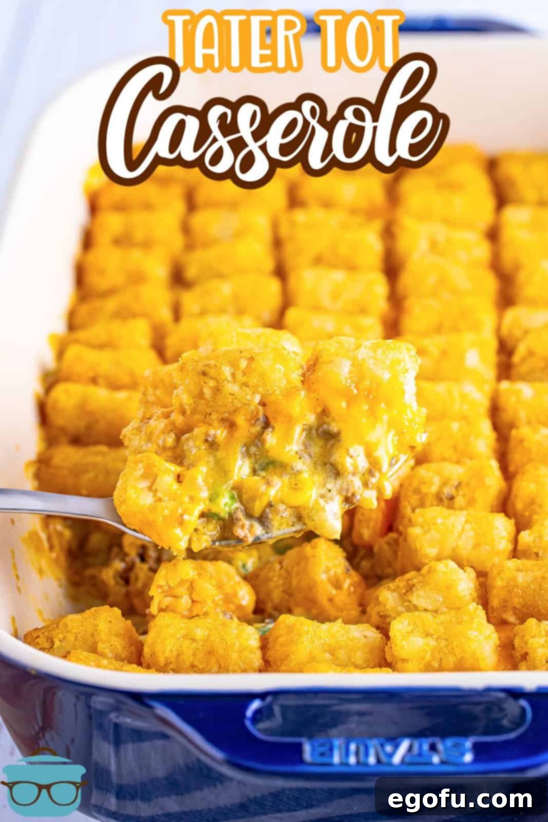 A baking dish with Tater Tot Casserole in it with
