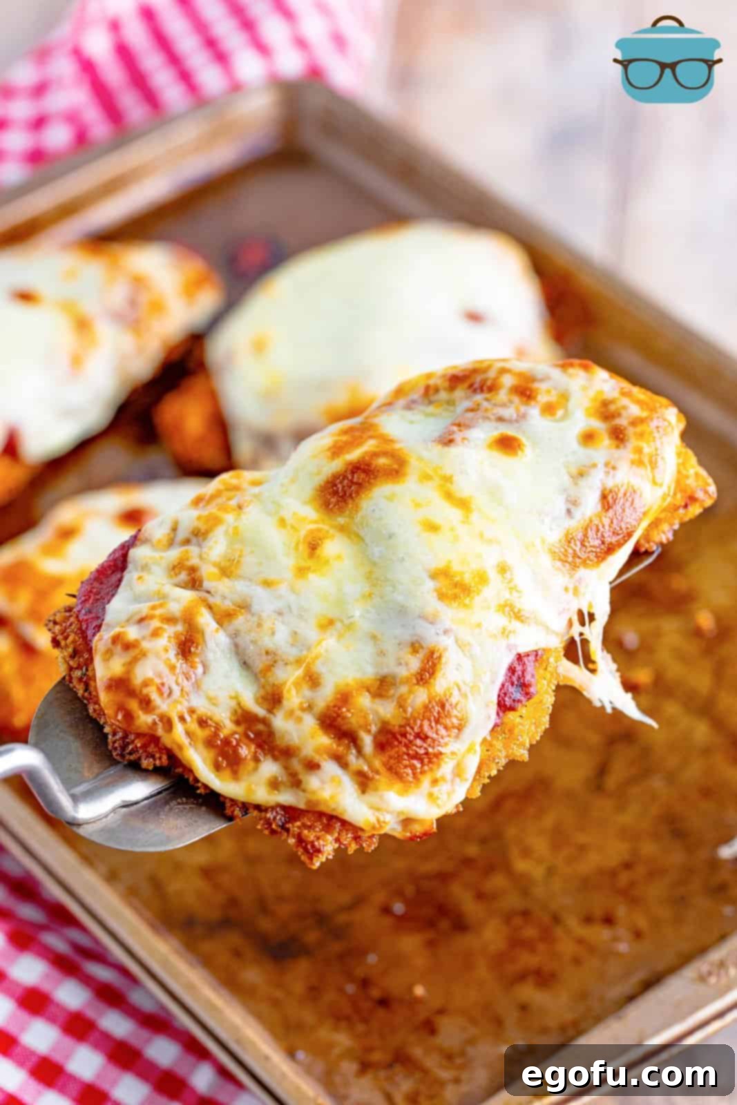 Looking down on a chicken parmesan serving.