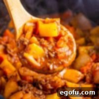 Slow Cooker Humble Stew 9 A wooden spoon holding some ingredients from Poor Man's Stew.