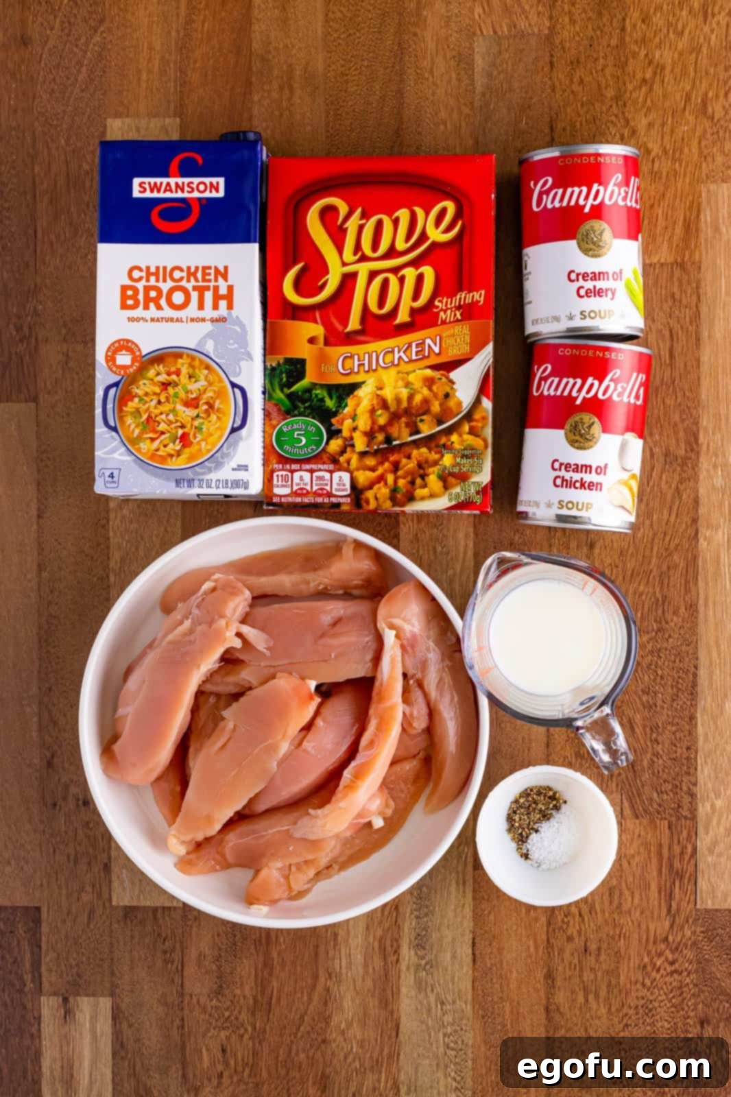 Chicken tenderloins, kosher salt, black pepper, cream of celery soup, cream of chicken soup, milK, Stove Top stuffing mix, chicken broth, and parsley.