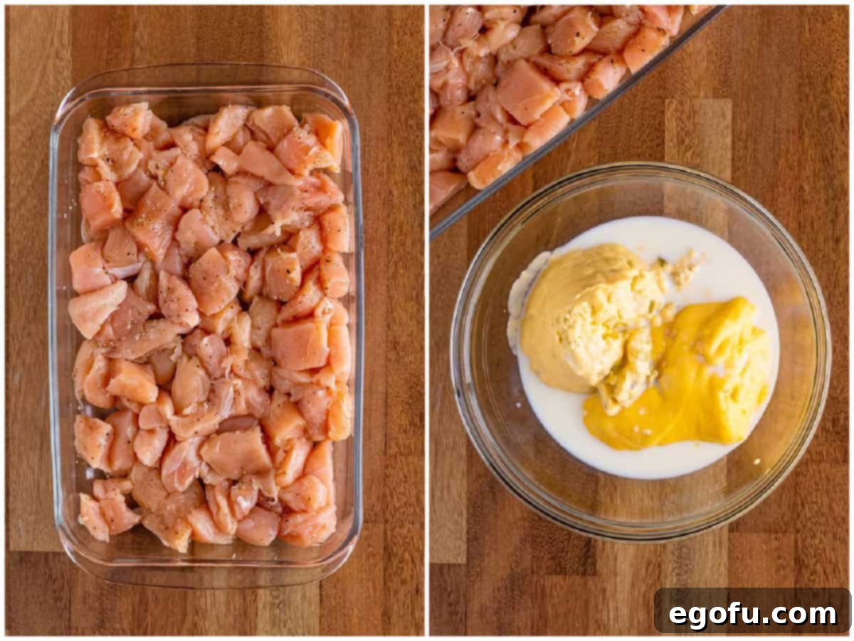 a collage of two photos: a baking dish filled with diced chicken tenderloins and a glass bowl of cream of celery soup, cream of chicken soup, and milk.