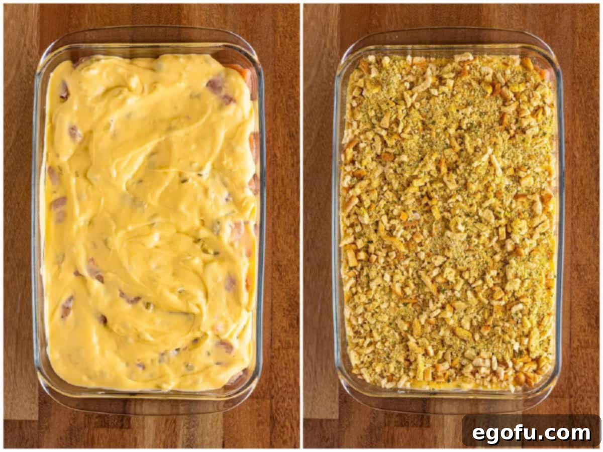 a collage of two photos: a glass baking dish with chicken and a mixture of milk, cream of chicken, and cream of celery soup on top and a baking dish of chicken, soup mixtures, and chicken stovetop stuffing on top.