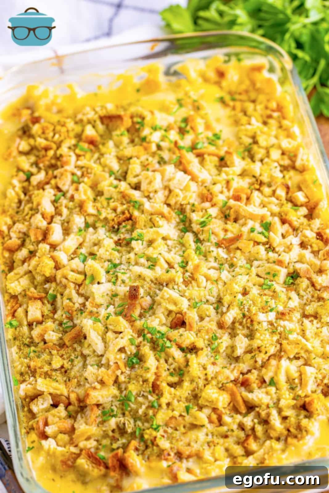 A casserole dish full of Chicken and Stuffing casserole.