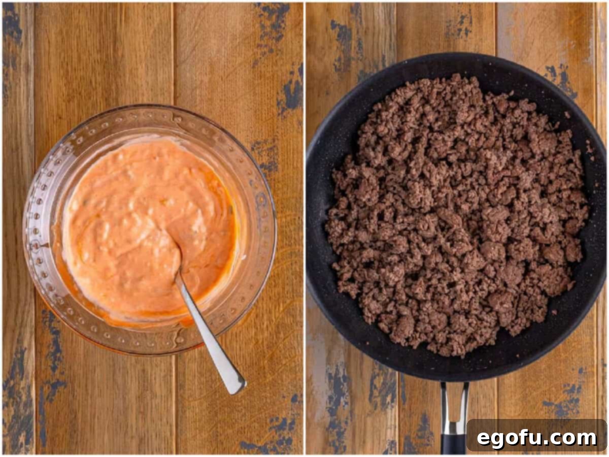 Mac Attack Sloppy Joes 5 collage of two photos: a glass bowl of big Mac sauce and a skillet with cooked and crumbled ground beef.