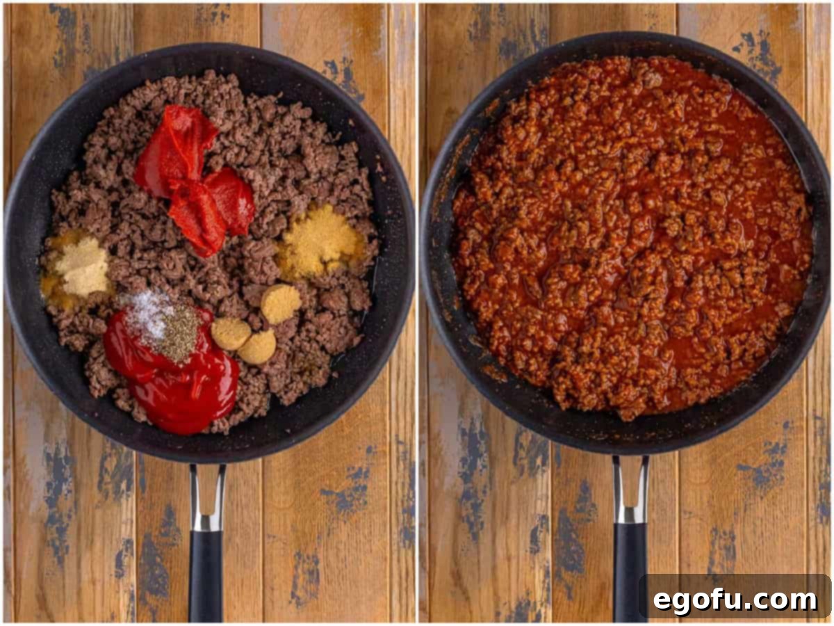 Mac Attack Sloppy Joes 6 a collage of two photos: a skillet with ground beef and the rest of the sauce ingredients on top to make a sloppy Joe mixture; a skillet showing fully mixed sloppy Joe mixture.