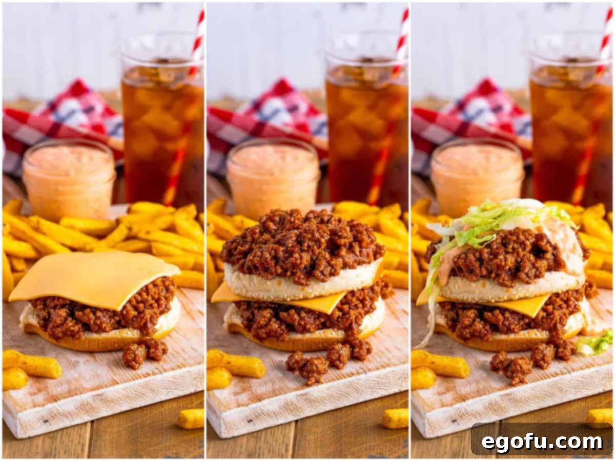 Mac Attack Sloppy Joes 7 a collage of three photos: building the Big Mac sloppy Joe with a bottom bun, sloppy Joe mix and a slice of cheese; second step of building the sloppy Joe by adding a bottom bun and more mixture; Big Mac sauce added on top with shredded lettuce.