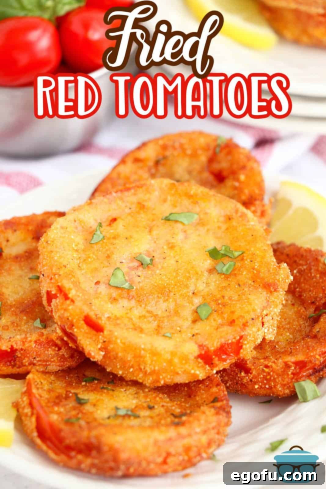 A few Fried Red Tomatoes in a pile on a plate.