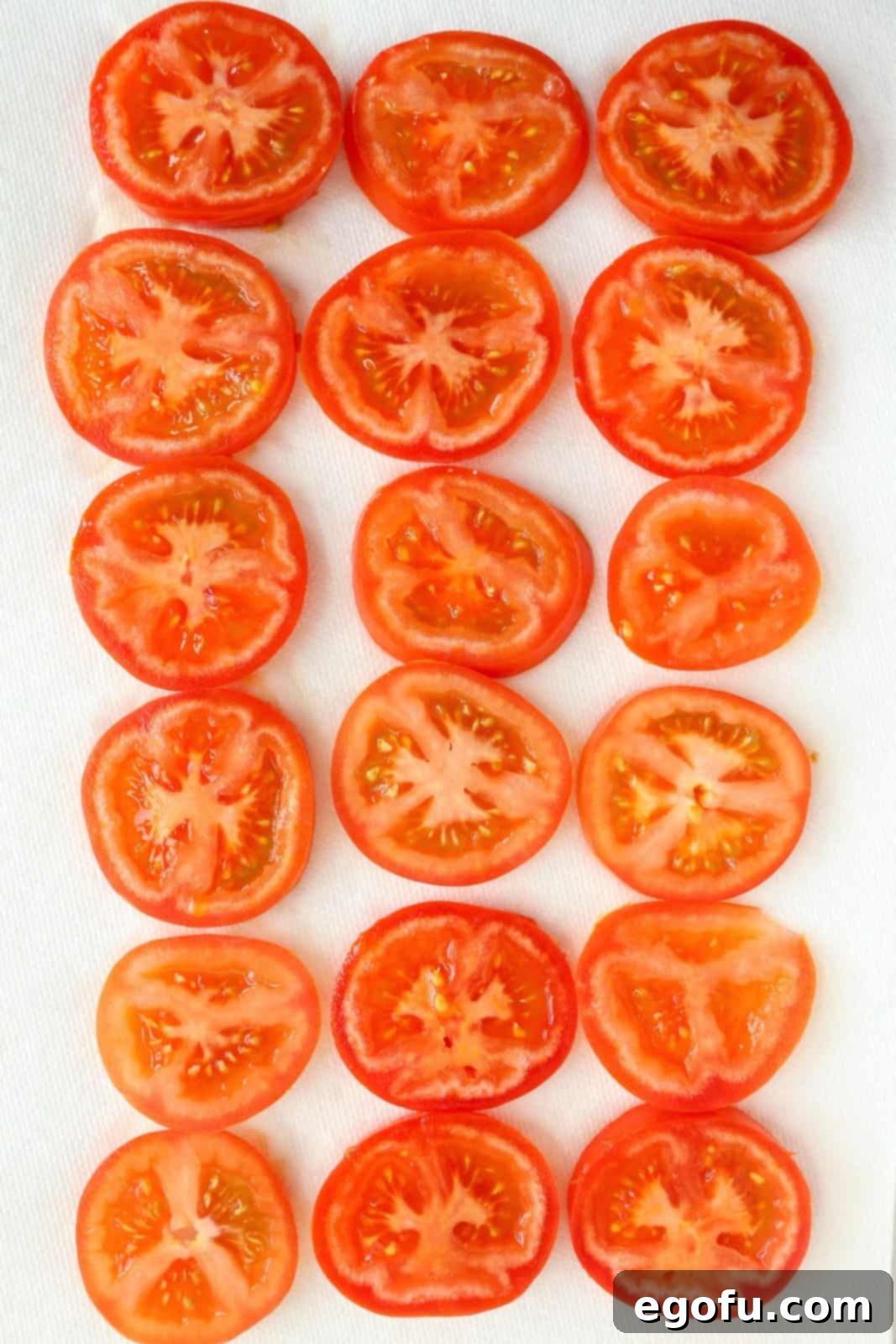 Sliced up tomatoes sitting, draining on some paper towels.