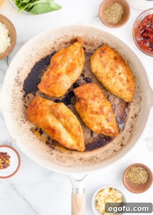 Proposal Chicken 11 A pan with cooked chicken breasts and a few ingredients around the baking dish.