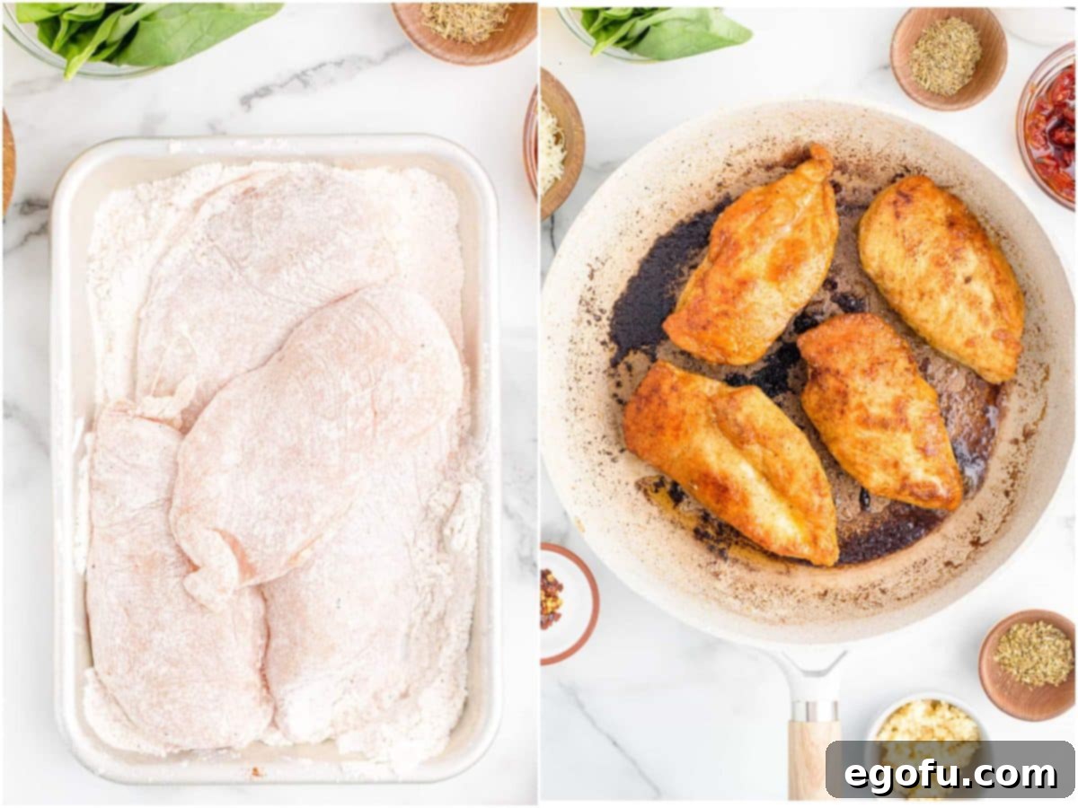 Proposal Chicken 5 Collage of two photos: a pan with flour-coated chicken breasts ready for cooking; a pan with perfectly seared, golden-brown chicken breasts surrounded by the first few sauce ingredients.