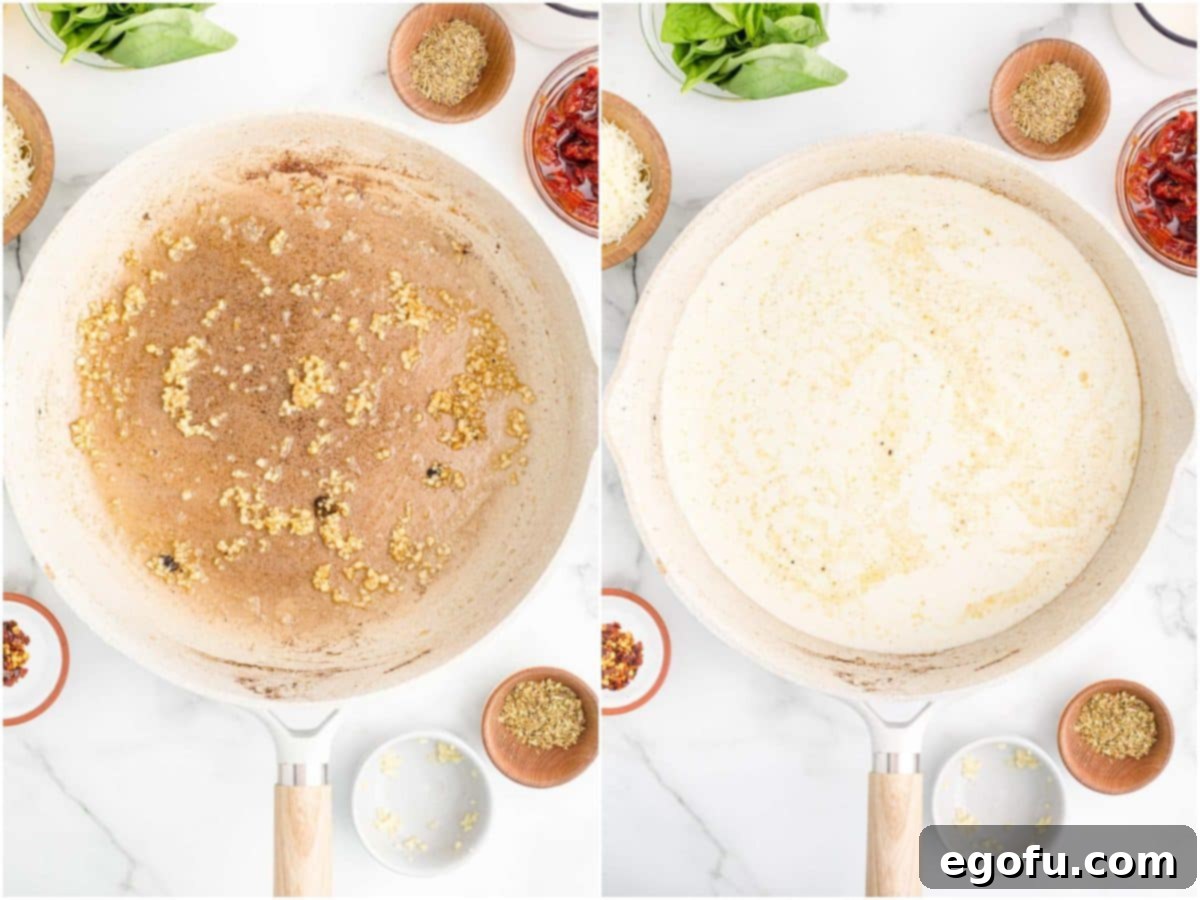 Proposal Chicken 6 Collage of two photos: close-up of minced garlic sizzling in a skillet; chicken broth and heavy cream being poured into the skillet with fragrant garlic.