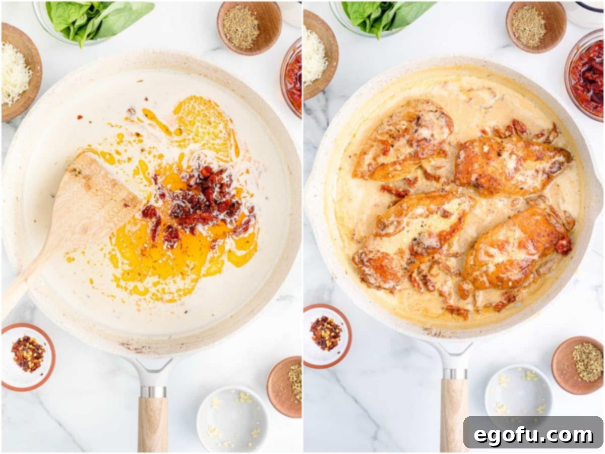 Proposal Chicken 7 Collage of two photos: a pan of creamy sauce with sun-dried tomatoes being stirred in; cooked chicken being added back into the creamy sauce in the pan.
