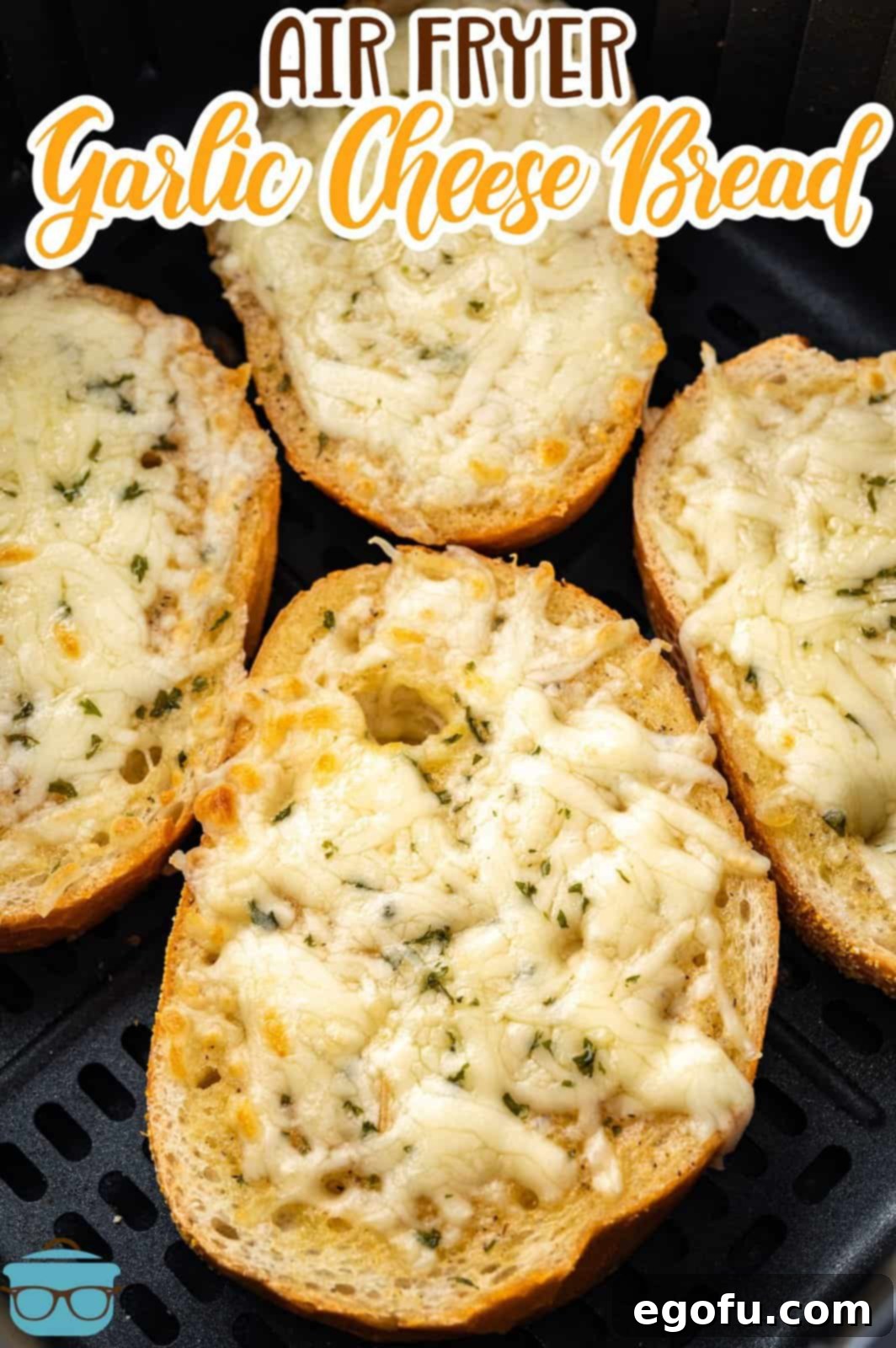 Four slices of Air Fryer Garlic Cheese Bread. 
