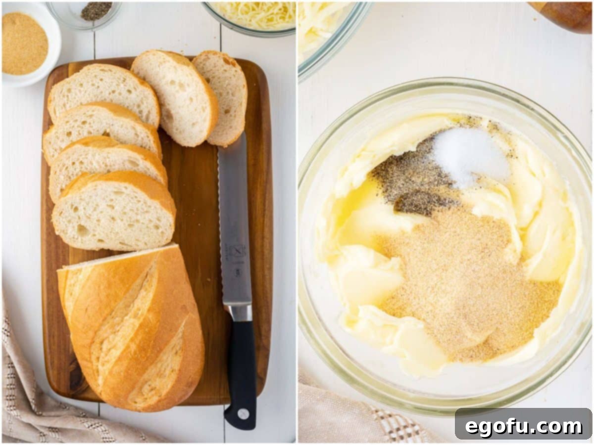 collage of two photos: a cutting board with a half sliced loaf of bread and a bread knife; a mixing bowl with softened butter, garlic powder, salt and pepper.
