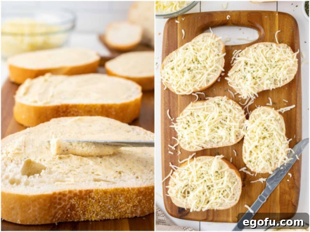 collage of two photos: A knife spreading garlic butter on a slice of bread; five pieces of bread with garlic butter and mozzarella cheese sprinkled on top. 