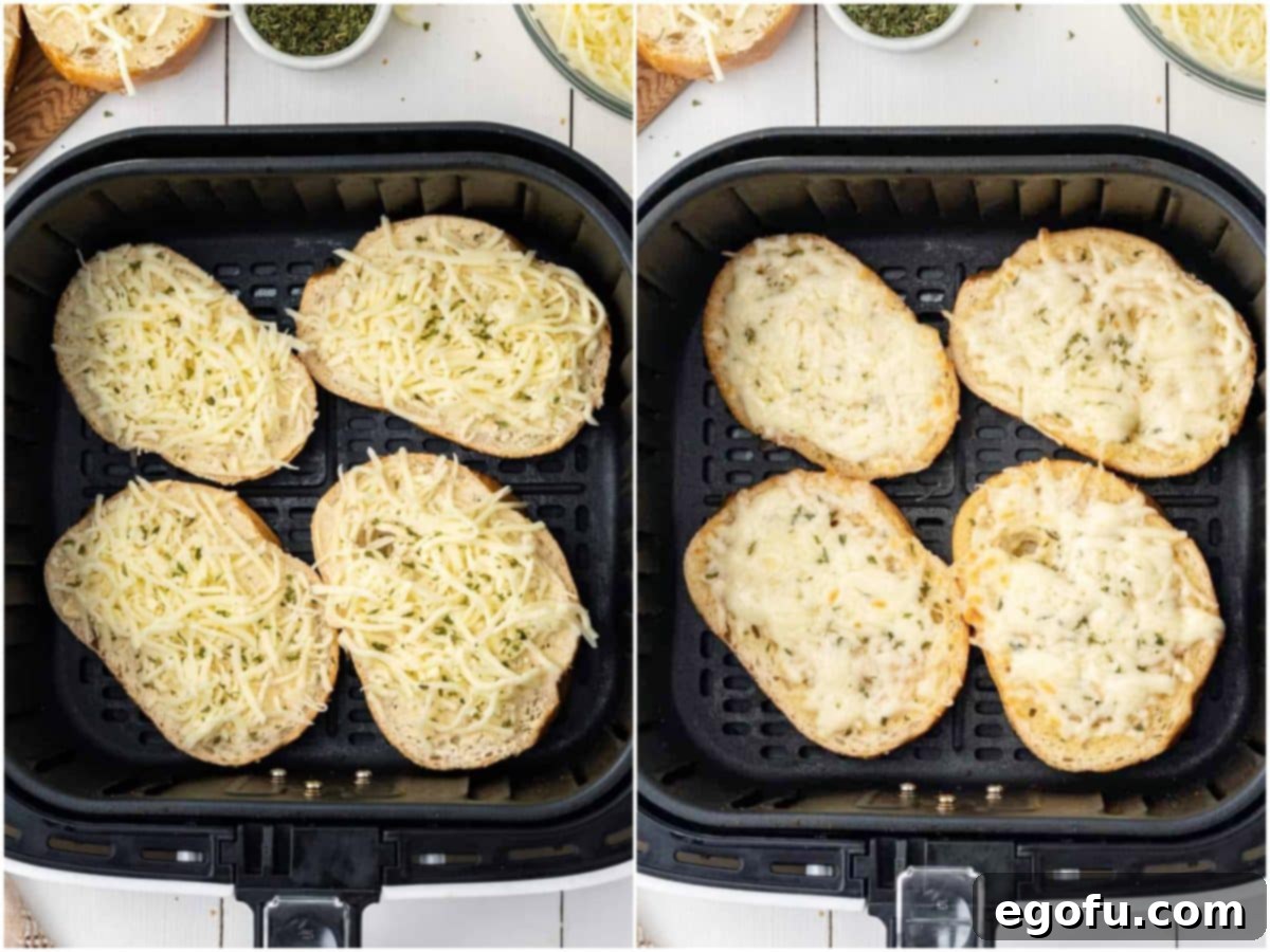 collage of two photos: an Air Fryer basket with 4 pieces of garlic bread topped with cheese; fully cooked garlic cheese bread in air fryer basket. 