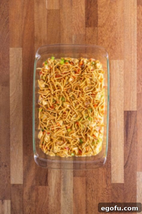 A baking dish with chicken chow mein casserole.