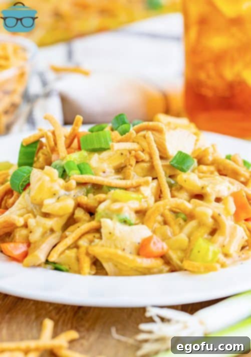 A plate full of chicken chow mein casserole.