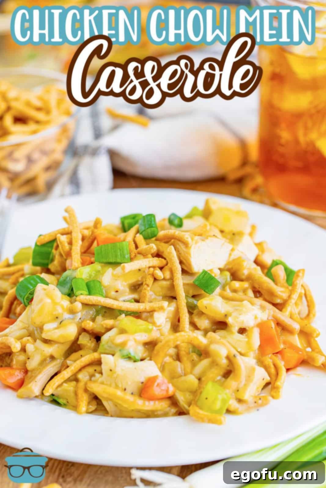 A plate with a serving of chicken chow mein casserole.