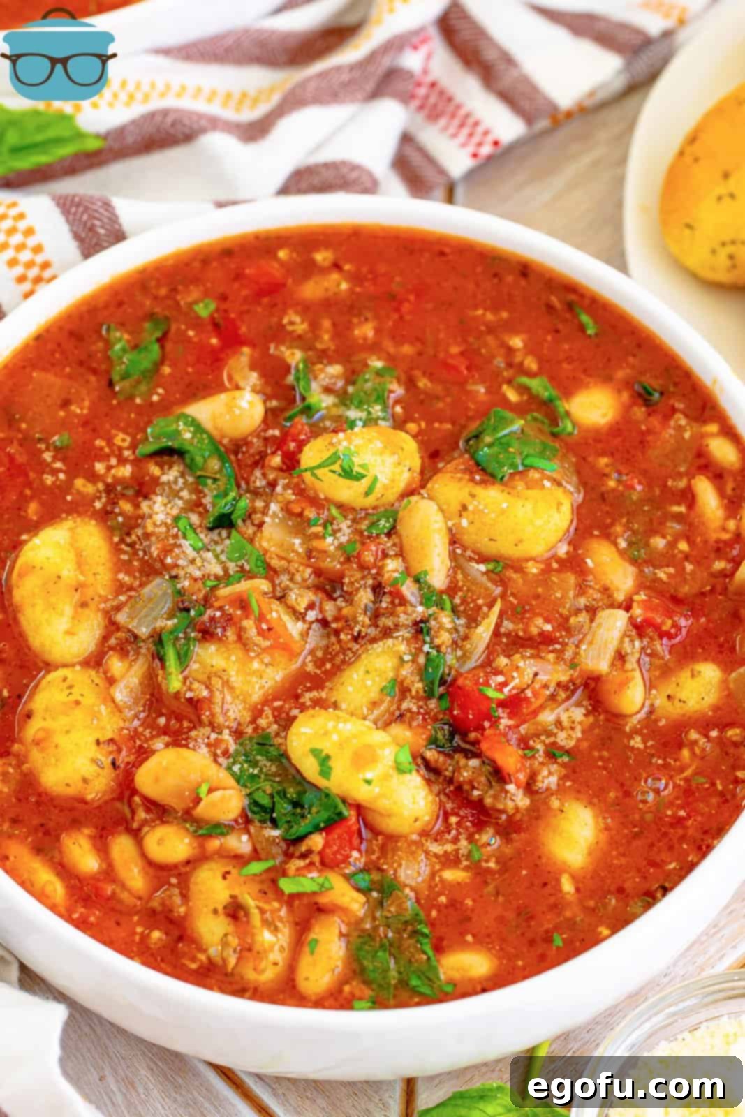 A beautifully presented bowl of homemade Italian Gnocchi soup, ready to be enjoyed.