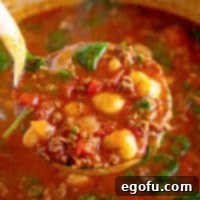 A soup ladle full of Gnocchi Soup.