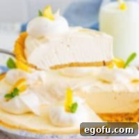 A slice of Lemonade Pie being held over the rest of the pie, showing its creamy texture and crust.