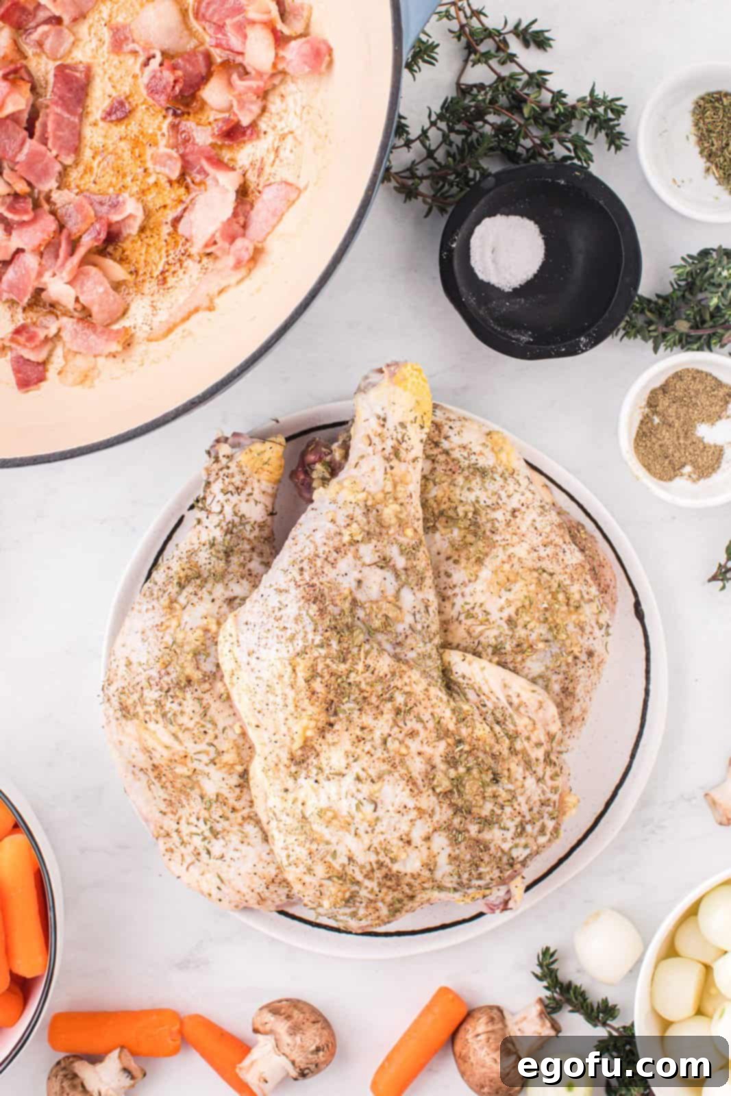 Seasoned raw chicken quarters, ready to be seared, laid out on a clean plate.
