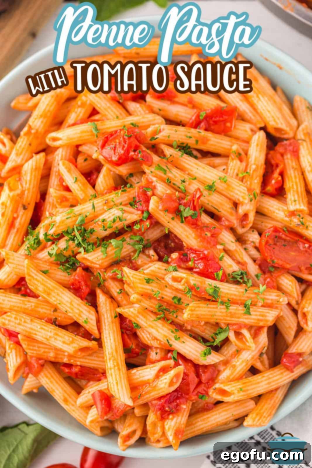 Penne with Garden Tomato Sauce 3 Close up of a bowl of penne pasta with tomato sauce.