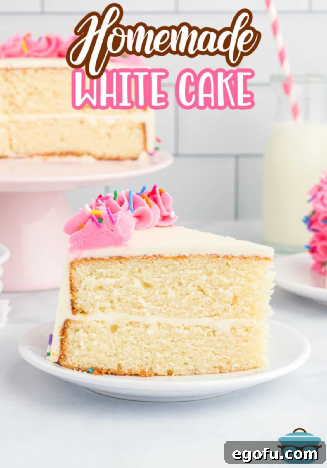 A slice of layered white cake with frosting.