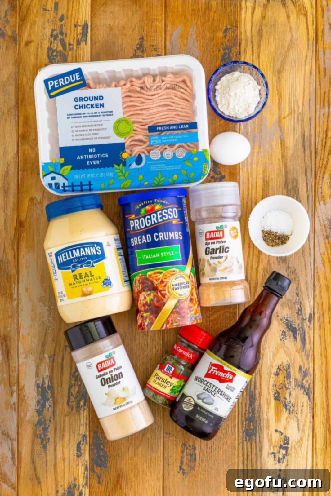 Ground chicken, Italian breadcrumbs, large egg, mayonnaise, Worcestershire sauce, garlic powder, dried parsley flakes, onion powder, black pepper, kosher salt, all-purpose flour, and fresh chopped parsley.