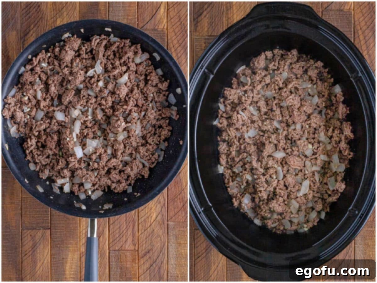 Comforting Slow Cooker Shepherd's Pie 5 collage of two photos: cooked and crumbled ground beef in a skillet; cooked ground beef added to slow cooker.