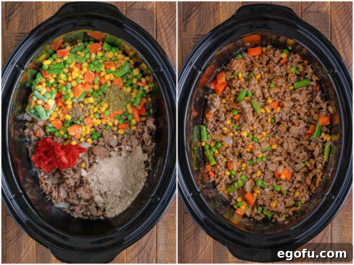 Comforting Slow Cooker Shepherd's Pie 7 collage of two photos: ground beef, vegetables and seasonings in a slow cooker; mixture all stirred together in a slow cooker.